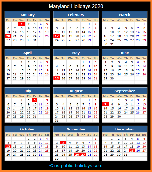 Maryland Holiday Calendar 2020